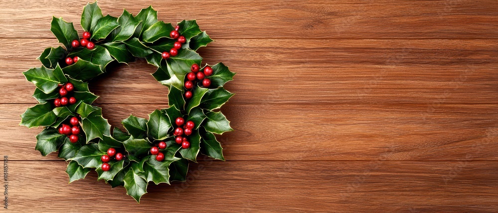A festive holly wreath adorned with red berries, set against a warm wooden background, perfect for holiday decor. A festive holly wreath adorned with red berries, set against a warm wooden background, perfect for holiday decor.