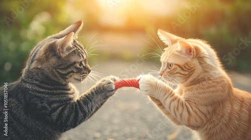 Cats playing tugofwar with a sock, topdown angle, warm afternoon sunlight photo