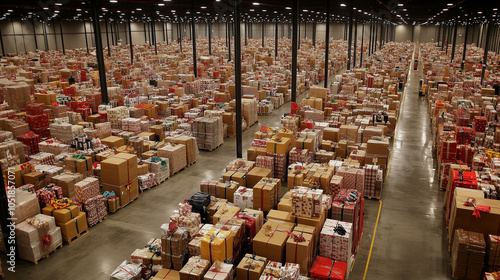 Warehouse filled with holiday packages, representing the peak season in logistics and distribution