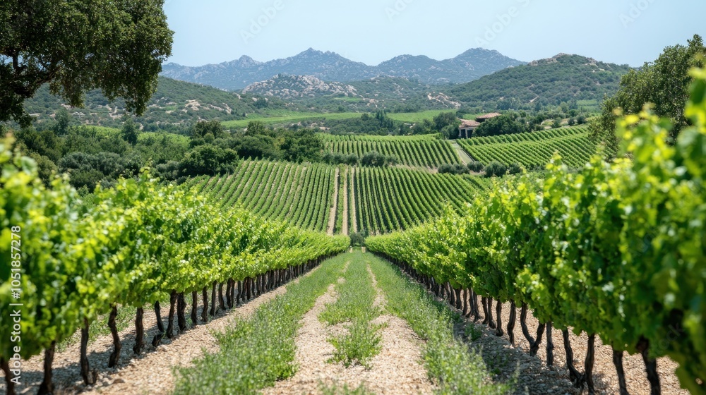 Fototapeta premium Lush vineyard landscape with rows of grapevines and mountains.