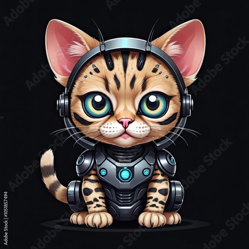 A cute, robotic cat with big blue eyes sits in front of a black background photo