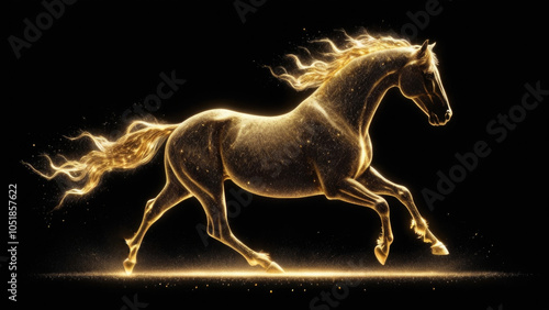 Obraz na płótnie Glowing silhouette of galloping horse made of golden sparks on a black background w salonie