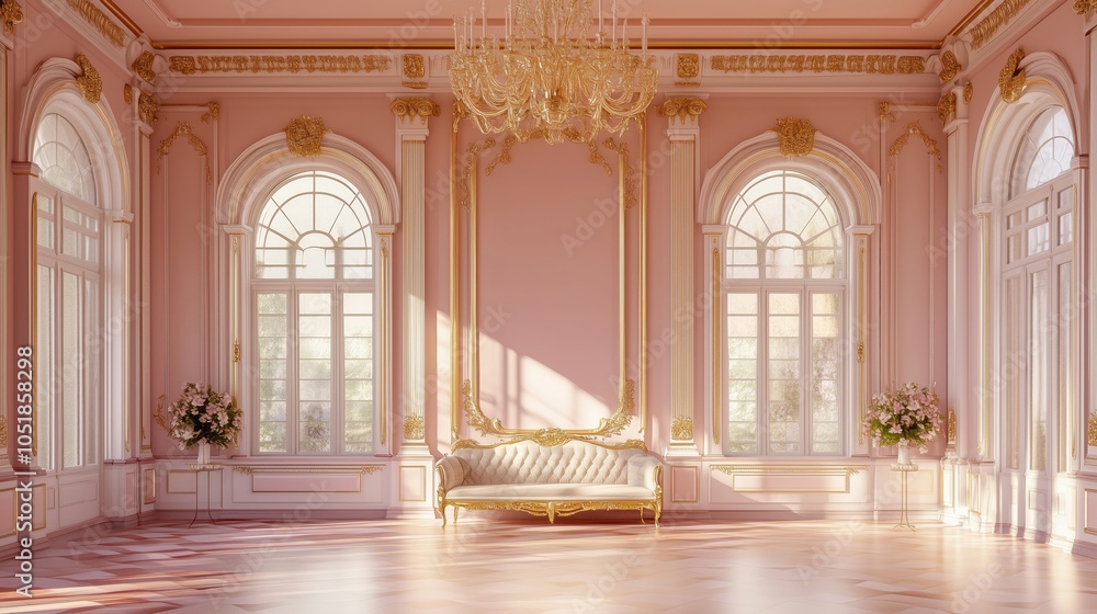 Fototapeta premium Elegant pink room with ornate decor, chandelier, large windows, and floral arrangements