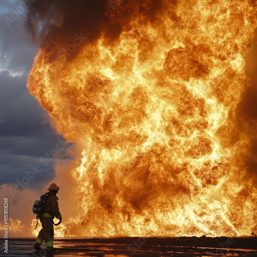 Firefighter confronting massive blaze photo