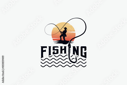 Angler logo design template throwing a hook with sunrise or sunset background