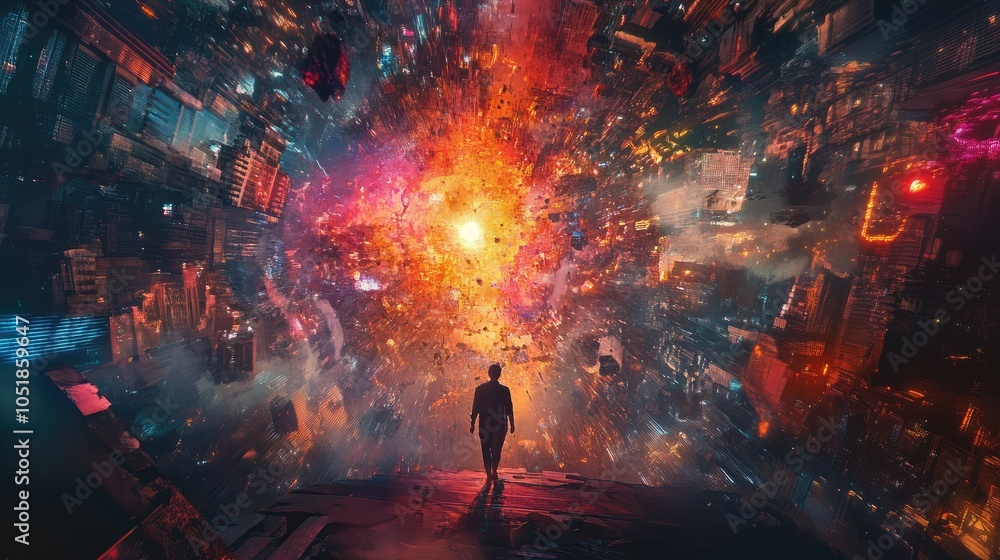 A lone figure stands on the edge of a swirling cityscape with a bright, fiery center. A lone figure stands on the edge of a swirling cityscape with a bright, fiery center.