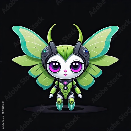 A green and black robotic fairy with large, pink eyes and butterfly wings stands against a black background photo