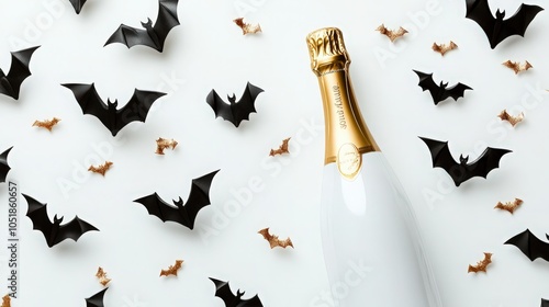 Contemporary layout made with white and gold Champagne bottle with bats silhouettes. Trendy composition on white background. Halloween party concept. Creative art minimal aesthetic photo