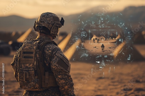 Soldier in desert environment using augmented reality technology during military operation, wearing camouflage uniform and helmet