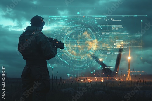 Soldier wearing tactical gear uses a futuristic augmented reality heads-up display system during a nighttime military operation, with missiles launching in the background