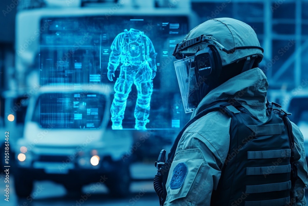 Fototapeta premium Police officer in tactical gear uses augmented reality in a futuristic city, with holographic images for threat assessment