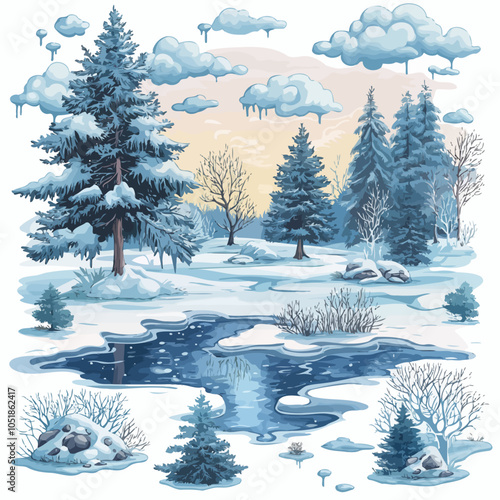 Frozen Pond and Icicle Tree Die Cut Vinyl Vector