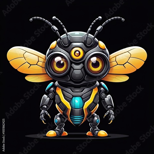 A cute robotic bee with yellow wings and three eyes stands against a black background photo