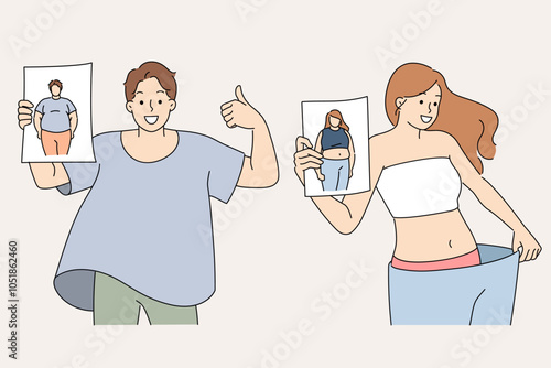 Liposuction helped lose weight for man and woman standing in plus size clothing, proving progress