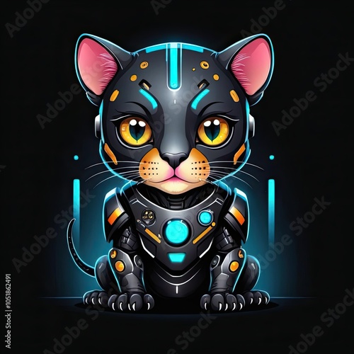 A cute, black cat wearing a futuristic, robotic suit sits on a black background