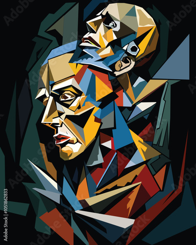 Two abstract  faces , composed of geometric shapes. Split personality.