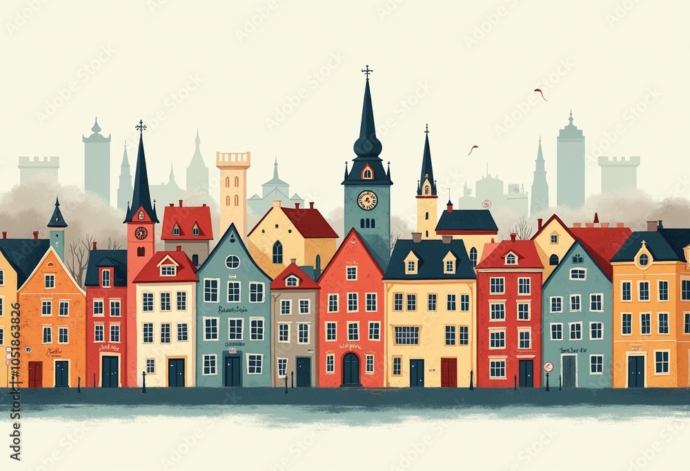 Charming Cityscape Illustration of Historic Buildings Charming Cityscape Illustration of Historic Buildings