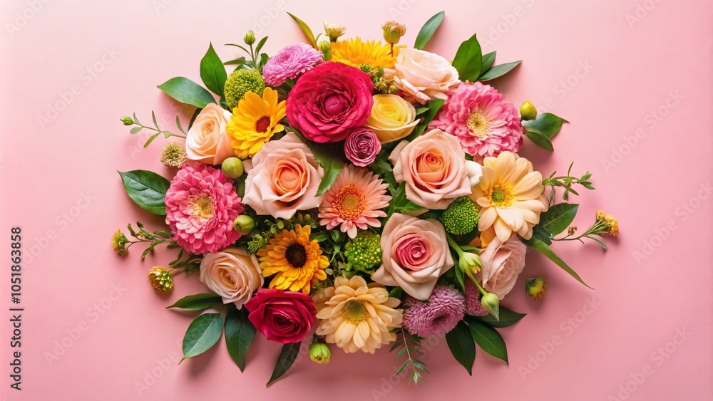 Circular Floral Arrangement of Roses and Chrysanthemums on Pink Background - Minimalist Photography Circular Floral Arrangement of Roses and Chrysanthemums on Pink Background - Minimalist Photography