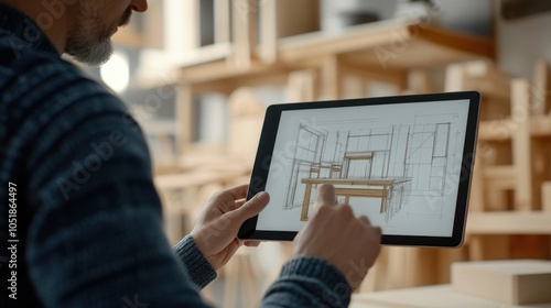 Carpenter Using Tablet For Design