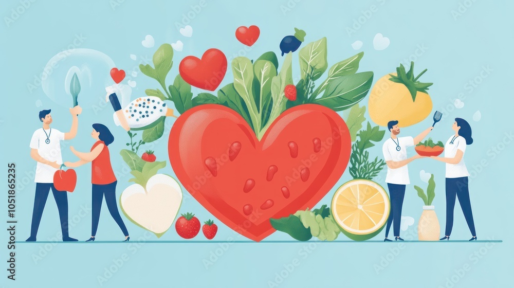 Doctors and patients are standing near a big red heart made of vegetables and fruits. They are smiling and happy. Doctors and patients are standing near a big red heart made of vegetables and fruits. They are smiling and happy.