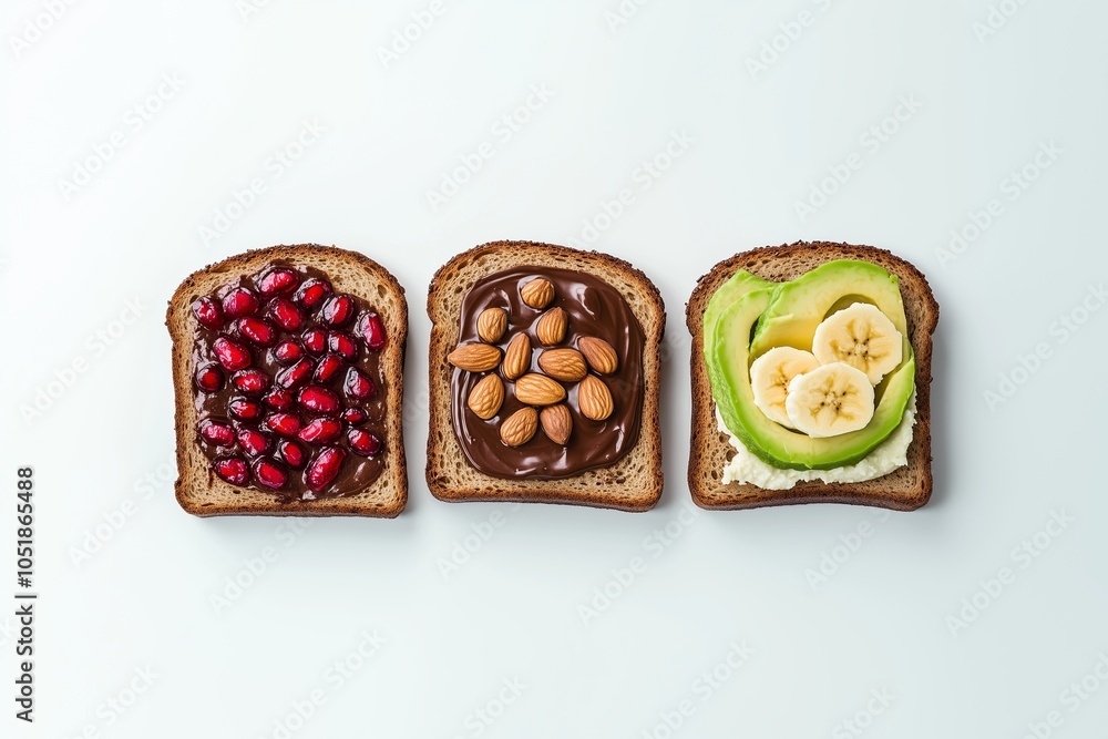 Deliciously crafted toast variations featuring pomegranate, almonds, and avocado with banana on whole grain bread Deliciously crafted toast variations featuring pomegranate, almonds, and avocado with banana on whole grain bread