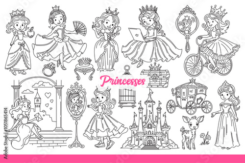 Little princesses in crown and beautiful dress, near fairytale castles or mirrors. Teenage girls playing princesses from children fairy tales and stories about magical land. Hand drawn.