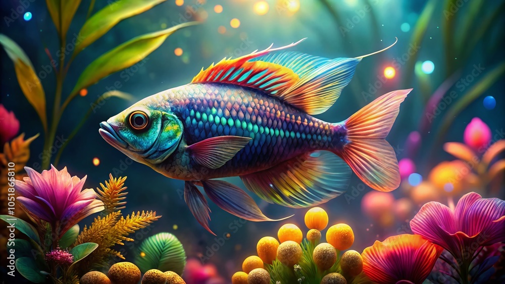 Close-up of a Paradise Fish Underwater with Intricate Scales and Patterns in Aquatic Plants Close-up of a Paradise Fish Underwater with Intricate Scales and Patterns in Aquatic Plants