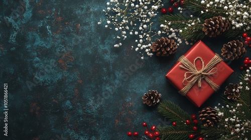 Festive Christmas composition with red gift box, pine cones, and white baby's breath flowers on dark teal background. Holiday season flatlay. photo