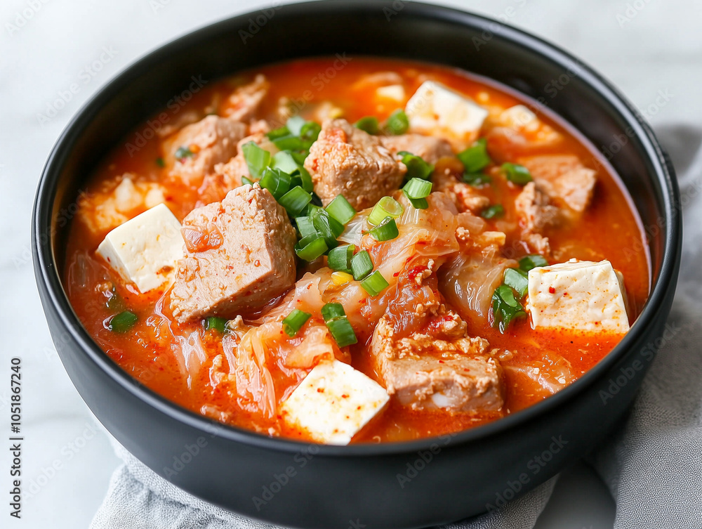 Studio photo of a traditional Korean kimchi jjigae in a modern black ceramic bowl, with chunks of pork, tofu, and kimchi in a rich, red broth Studio photo of a traditional Korean kimchi jjigae in a modern black ceramic bowl, with chunks of pork, tofu, and kimchi in a rich, red broth