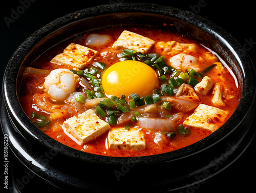 Studio image of Korean sundubu-jjigae, a spicy soft tofu stew served in a hot stone bowl, with pieces of soft tofu, egg yolk, and seafood in a rich red broth