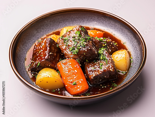 Studio photo of Korean galbijjim, tender braised short ribs with carrots and potatoes, served in a deep dish, glistening in a rich soy-based sauce photo