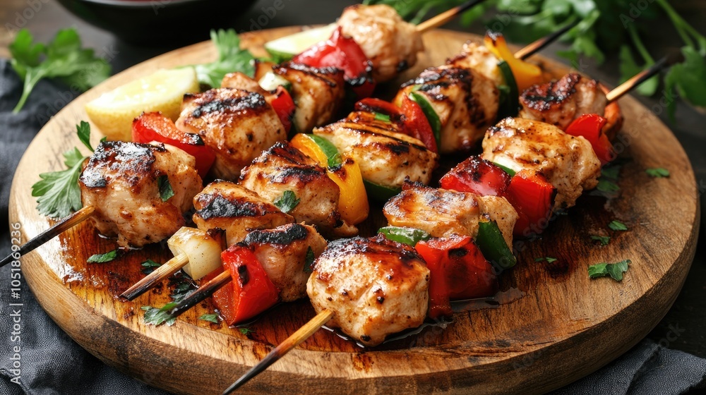 Grilled Yakitori Skewers on Wooden Platter Grilled Yakitori Skewers on Wooden Platter