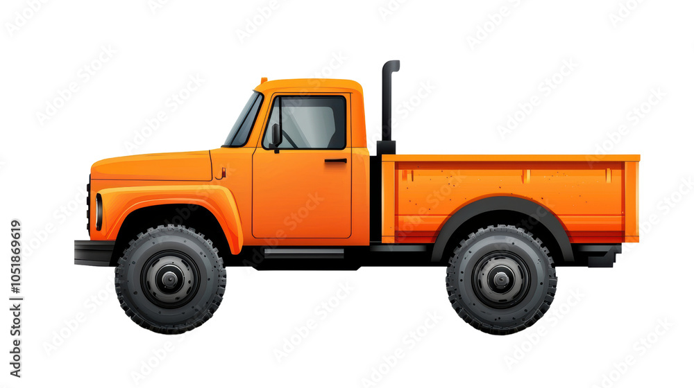 Fototapeta premium This vibrant orange pickup truck showcases classic design with sturdy build, perfect for various tasks and adventures. Its bold color and robust tires make it stand out on any road. 