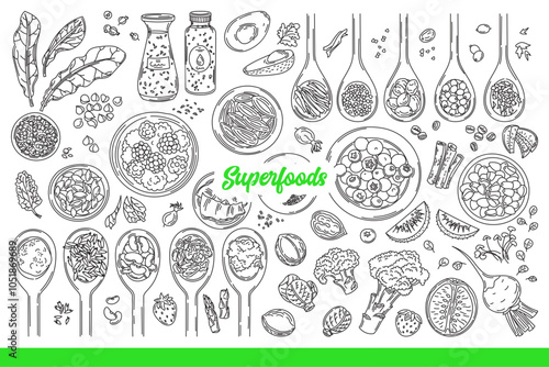 Superfoods for better health, thanks to organic grains or fruits and vegetables. Superfoods inscription near wooden spoons and plates filled with healthy breakfasts and snacks. Hand drawn.