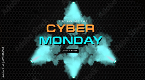 Cyber Monday. Advertising banner with neon sign and green neon smoke on dark cyber background. Cyber Monday promotion with advertising neon sign. Big discounts and sales. Price elimination