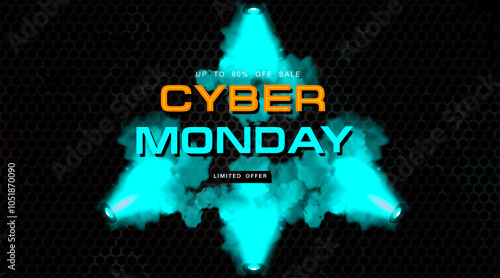 Cyber Monday. Advertising banner with neon sign and green neon smoke on dark cyber background. Cyber Monday promotion with advertising neon sign. Big discounts and sales. Price elimination