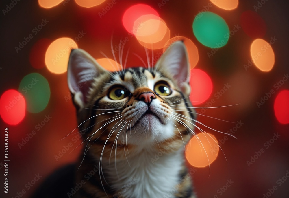Close up of a cat looking up with wide eyes in front of festive bokeh lights conveying wonder curiosity and the magic of the holiday season in a joyful colorful setting Close up of a cat looking up with wide eyes in front of festive bokeh lights conveying wonder curiosity and the magic of the holiday season in a joyful colorful setting