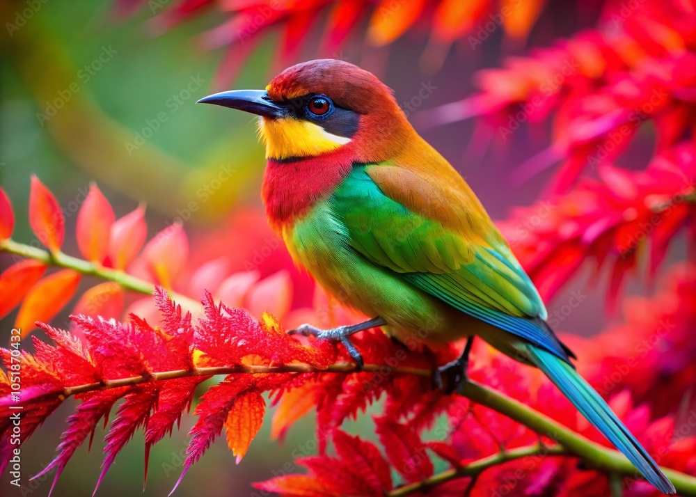 Obraz premium Colorful Bird Perched on Red Tree Branch in Aerial Photography, Capturing the Beauty of Wildlife in Nature