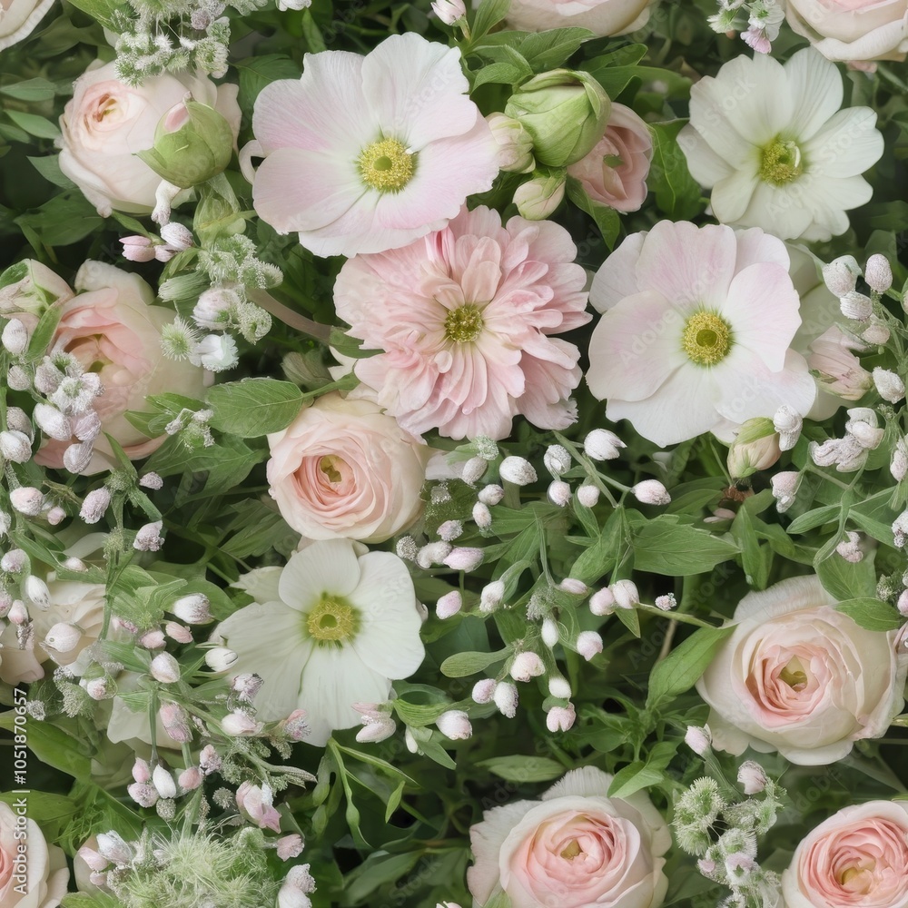 Seamless floral pattern featuring pink roses and white flowers on a green background Seamless floral pattern featuring pink roses and white flowers on a green background