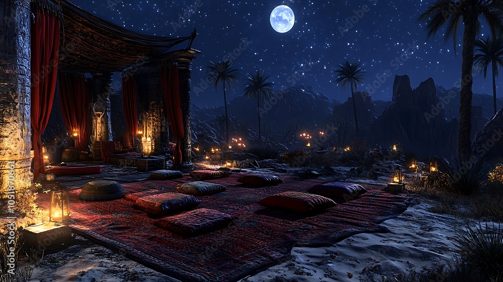 Obraz premium Mystical Desert Oasis at Night with Full Moon and Lanterns.
