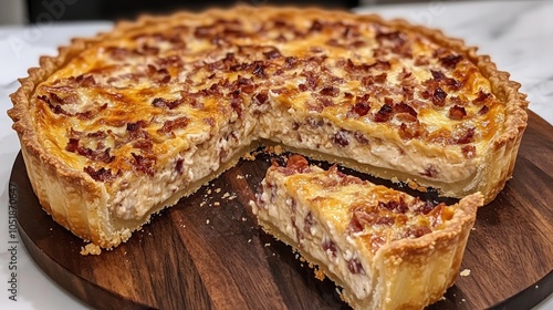 Delicious Quiche Lorraine on a Wooden Cutting Board