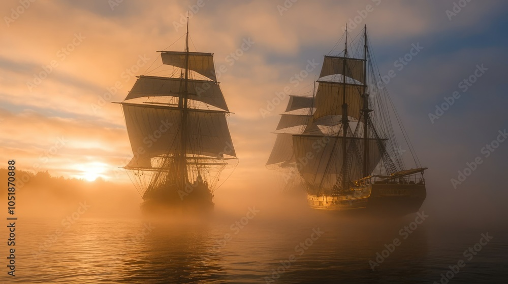 Fototapeta premium Majestic Ships Sailing in Misty Sunrise Light