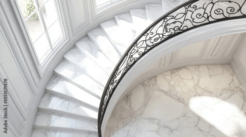 Obraz premium A top-down shot of stylish marble stairs with decorative wrought iron railings, showcasing the craftsmanship. Ample room at the bottom for text.