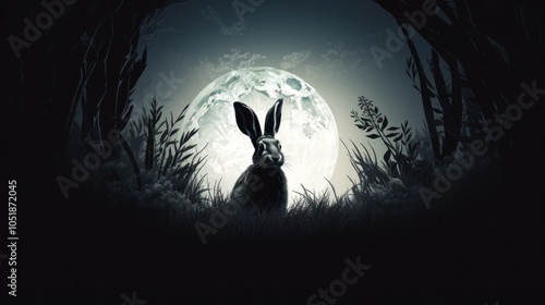 a rabbit against a glowing full moon, photo