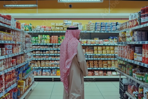 Man in a Red and White Keffiyeh Shopping in a Grocery Store