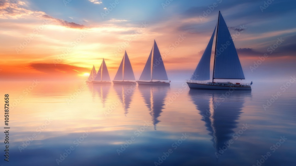 Fototapeta premium Serene Sunset with Sailboats on Calm Water