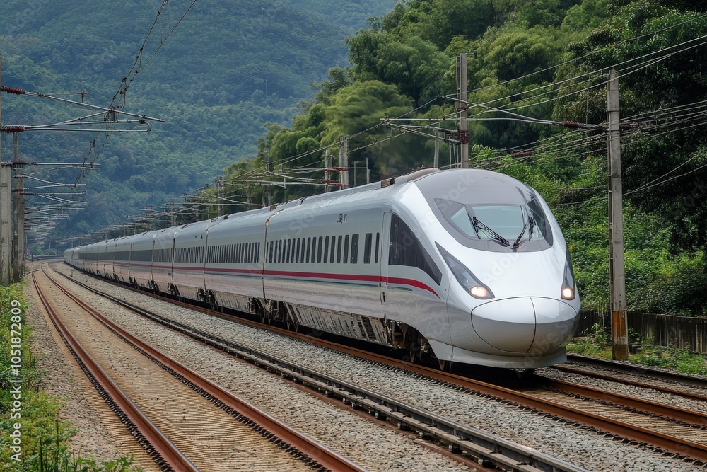 Fototapeta premium High speed train runs on rail tracks - Train in motion