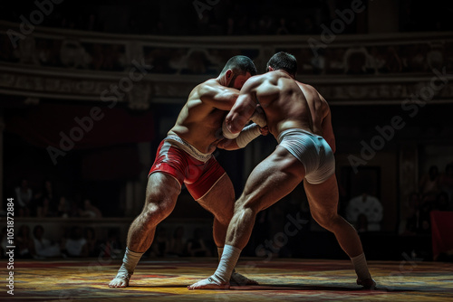 Two wrestlers grapple intensely in the ring, locked in a fierce battle for dominance, surrounded by cheering crowds and colorful lights. photo