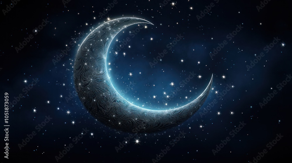 a crescent moon shining brightly in a clear night sky, surrounded by a scattering of stars. a crescent moon shining brightly in a clear night sky, surrounded by a scattering of stars.