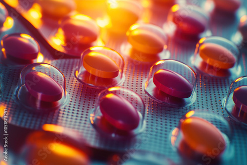 Colorful Capsules and Tablets Arranged in a Vibrant Blister Pack Reflecting Warm Sunlight photo